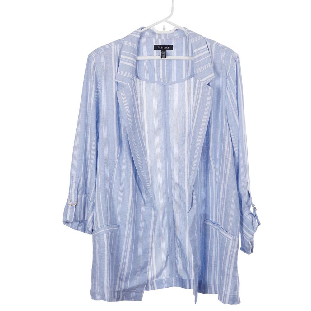 Ellen Tracy Blazer Jacket XL Blue Linen Blend Striped Pockets Open Front Casual